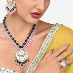 Zaveri Pearls Pink Green Multistrand Crystal Meenakari Necklace Earring Ring Set-ZPFK15916-image-82