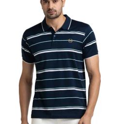ColorPlus Blue Cotton Tailored Fit Striped Polo T-Shirt-image-55