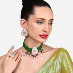 Zaveri Pearls Pink Green Multistrand Meenakari Choker Necklace Earring Ring Set-ZPFK15917-41