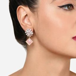 Zaveri Pearls Baby Pink Stone & Dazzling Baguette Diamonds Brass Drop Earring-ZPFK15927-40