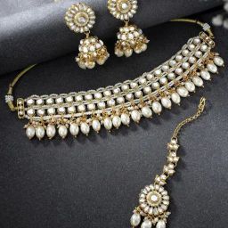 Peora Gold-Plated Kundan Studded Choker Necklace with Earrings Maang Tikka Jewellery Set-image-98