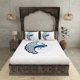 JaipurFabric White & Blue 240 TC 100% Cotton Twill Dancing Peacock Bedsheet with 2 Pillow Covers-image-92