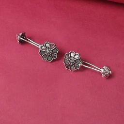 OOMPH Jewellery Pair of Oxidized Silver Floral Ethnic Ear Cuff-34
