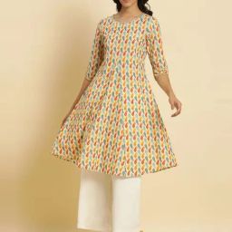 W Beige Cotton Printed Fit & Flare Kurta-image-79