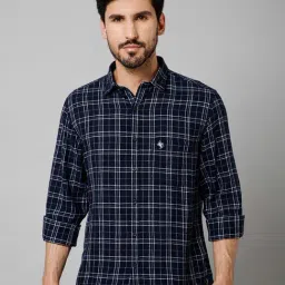 Cantabil Navy Regular Fit Check Linen Shirt-image-9