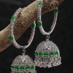 Karatcart Silver-Plated Green Cubic Zirconia Studded Jhumki Earrings for Women-9