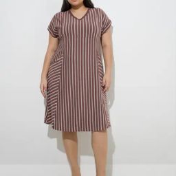 Gia by Westside Brown Stripe Patterned Cotton-Blend Straight Dress-image-19
