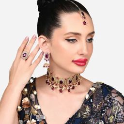 Zaveri Pearls Dazzling Purple Ethnic Choker Necklace Earring Maangtikka & Ring Set-ZPFK15922-image-60