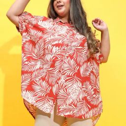 Oxolloxo Plus Size Rust & White Viscose Printed Shirt-image-11