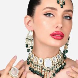 Zaveri Pearls Green Kundan Bridal Choker Necklace Earring Maangtikka Ring Set-ZPFK15918-image-61