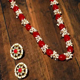 KARATCART Gold-Plated Red Pearl & Ruby-Studded Jewellery Set-21