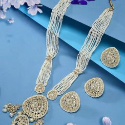 Zaveri Pearls Gold Tone Kundan Multistrand Long Bridal Necklace Earring & Ring Set-ZPFK15913-16