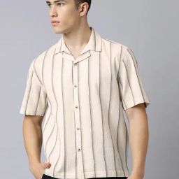 SUBTRACT Beige & Black Boxy Fit Striped Cotton Shirt-image-9