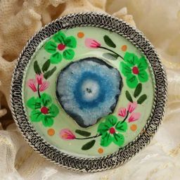 Moedbuille Agate Studded Handpainted Meenakari Floral Design Oxidised Silver Plated Finger Ring-17