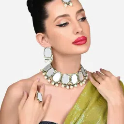 Zaveri Pearls Green Kundan Bridal Choker Necklace Earring Maangtikka Ring Set-ZPFK15919-image-76