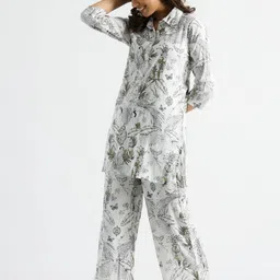 FLAVIA CREATION Floral Printed Shirt Collar Pure Cotton Tunic With Trousers-image-60