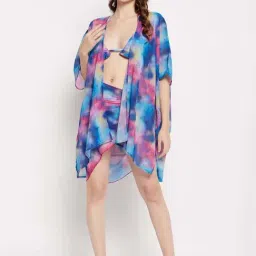 Secrets By ZeroKaata Blue & Pink Printed Bikini Set With Sarong & Cover Up-image-22