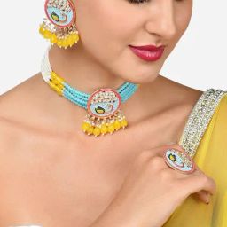 Zaveri Pearls Multicolor Meenakari Peacock Multistrand Necklace Earring Ring Set-ZPFK15915-39