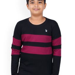 Kiddeo Boys Maroon Striped Round Neck T-shirt-55