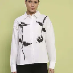 MADAME White Cotton Floral Printed Shirt-image-71