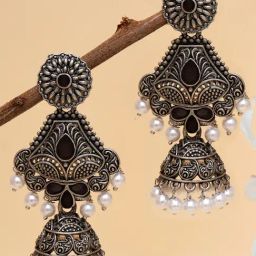 Karatcart Oxidized Silver Handcrafted Black Long Jhumki Earrings-29