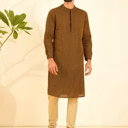 JAYPORE Striped Woven Design Band Collar Long Sleeves Pure Cotton Kurta-image-69