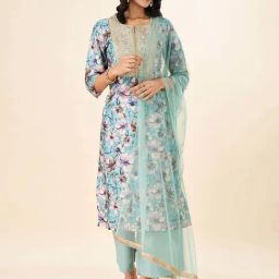 Rangmanch by Pantaloons Blue Embroidered Kurta Palazzo Set With Dupatta-image-78
