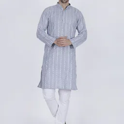 JASHNA Geometric Woven Design Thread Work Mandarin Collar Straight Kurta with Pyjamas-picture-13