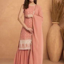 PARROT CREATION Women Ethnic Motifs Embroidered Kurti with Sharara & Dupatta-image-6
