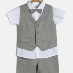 MINIKLUB Kids Grey & White Textured Shirt, Waistcoat with Shorts-picture-38