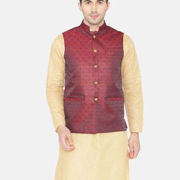 Wintage Men Maroon Woven Design Nehru Jacket-32