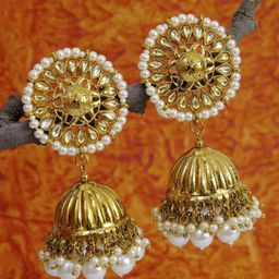Crunchy Fashion Gold-Plated Pearls Studded Dome Shaped Jhumkas Earrings-image-6