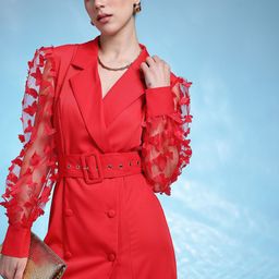 bebe Sheer Sleeves Notched Lapel Collar A-Line Dress with Belt-image-21