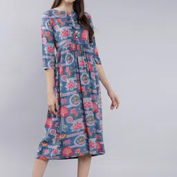 Vishudh Women Blue & Coral Red Floral Printed Fit and Flare Dress-image-15