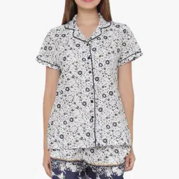 Clovia White & Navy Printed Cotton Polyblend Shorts Set-picture-42