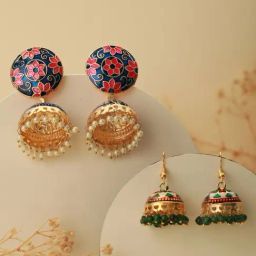 Aatmana Black & Green Gold-Plated Dome Shaped Meenakari Jhumki Earrings for Women - Set of 2-4