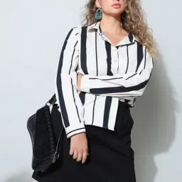 Vero Moda Curve Black & White Cotton Striped Shirt-picture-0