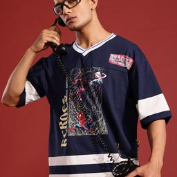 MARVEL STREET Printed V-Neck Drop-Shoulder Sleeves Pure Cotton Oversized T-shirt-image-96