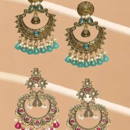 OOMPH Jewellery Antique Gold Green & Pink Kundan & Bead Long Chand Bali - Set of 2-image-37
