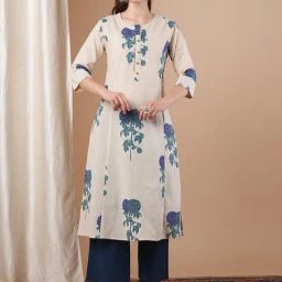 Fashor Off White Cotton Regular Fit Floral Print Kurta-image-67