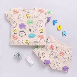 Happy Faces Girls Peanuts Printed Pure Cotton T-shirt with Shorts-image-59