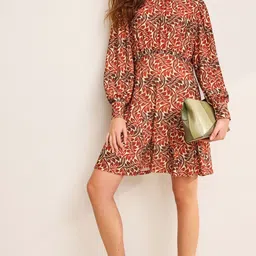 NEXT Floral Printed Cuffed Sleeves Gathered Detail A-Line Dress-image-50