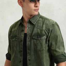 HIGHLANDER Men Cutaway Collar Faded Cotton Oversized Casual Shirt-image-53