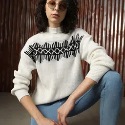 High Star Women Abstract Pattern High Neck Relaxed Fit Pullover-image-26