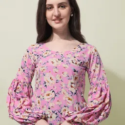 Oomph! Floral Printed Round Neck Long Puff Sleeves Regular Top-image-37