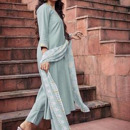 Sangria Mirror Work Yoke Design A-Line Kurta & Trousers With Dupatta image 4
