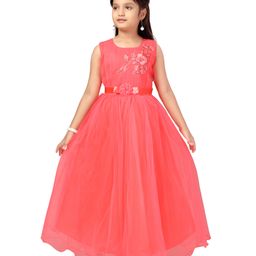 Aarika Sleeveless Floral Applique Embellished Yoke Solid Gown - Gajri Red-image-2