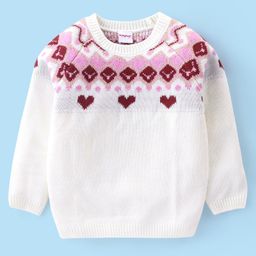 Babyhug Acrylic Full Sleeves Sweater Heart Design- White & Pink-image-25