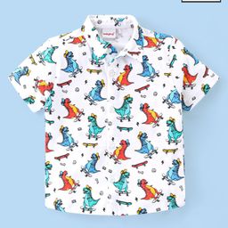Babyhug 100% Knitted Collar Half Sleeves Shirt Dino Print- White-image-91