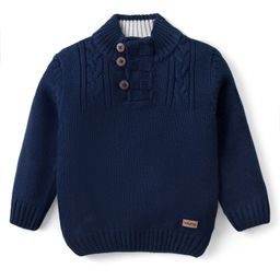 Babyhug Knitted Full Sleeves Pullover  Sweater with Cable Knit Design & Button Detailing  - Navy Blue-image-80